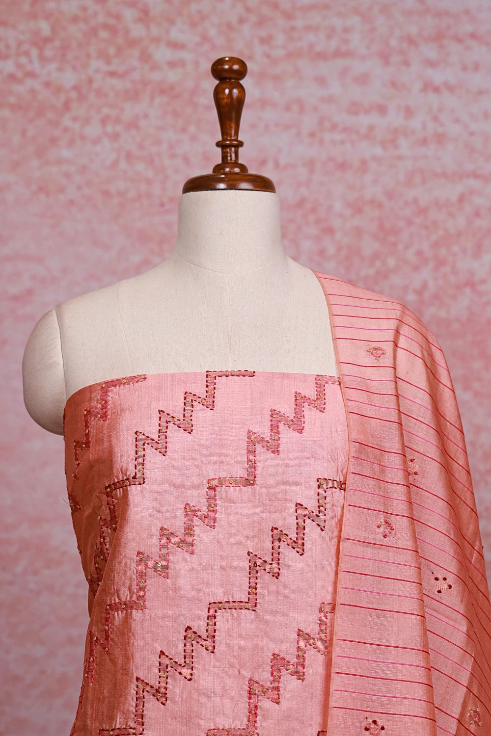Peach Semi Tussar Kantha Work Unstitched Churidhar Material