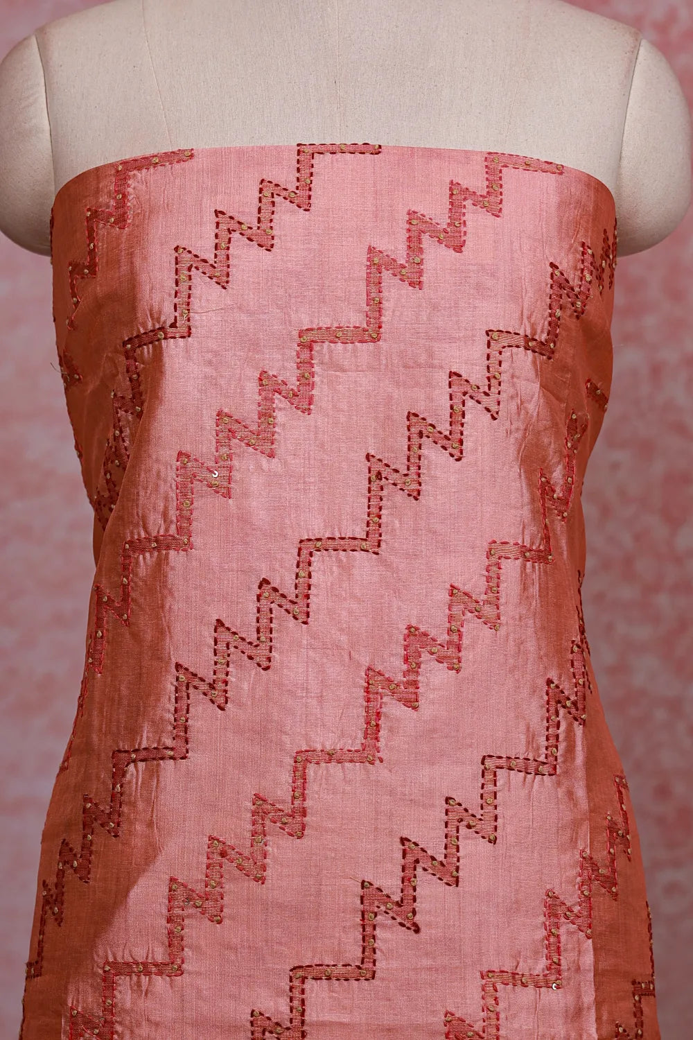 Peach Semi Tussar Kantha Work Unstitched Churidhar Material