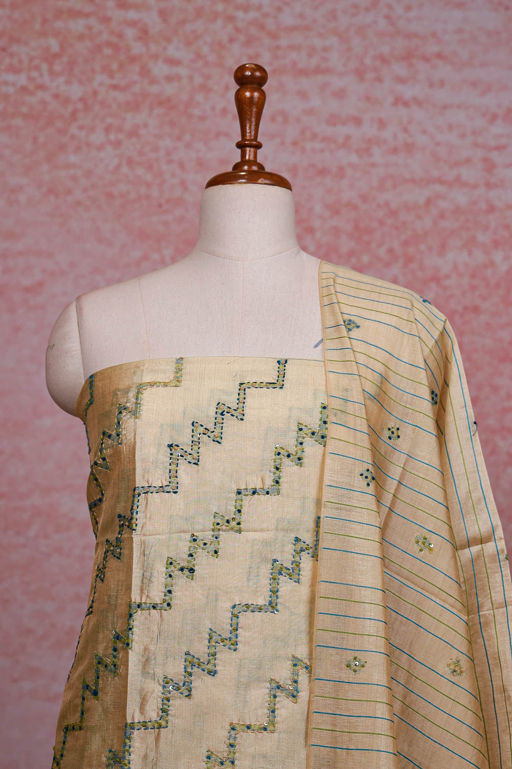 Sandal Color Semi Tussar Kantha Stitched Unstitched Churidhar Material - Seematti