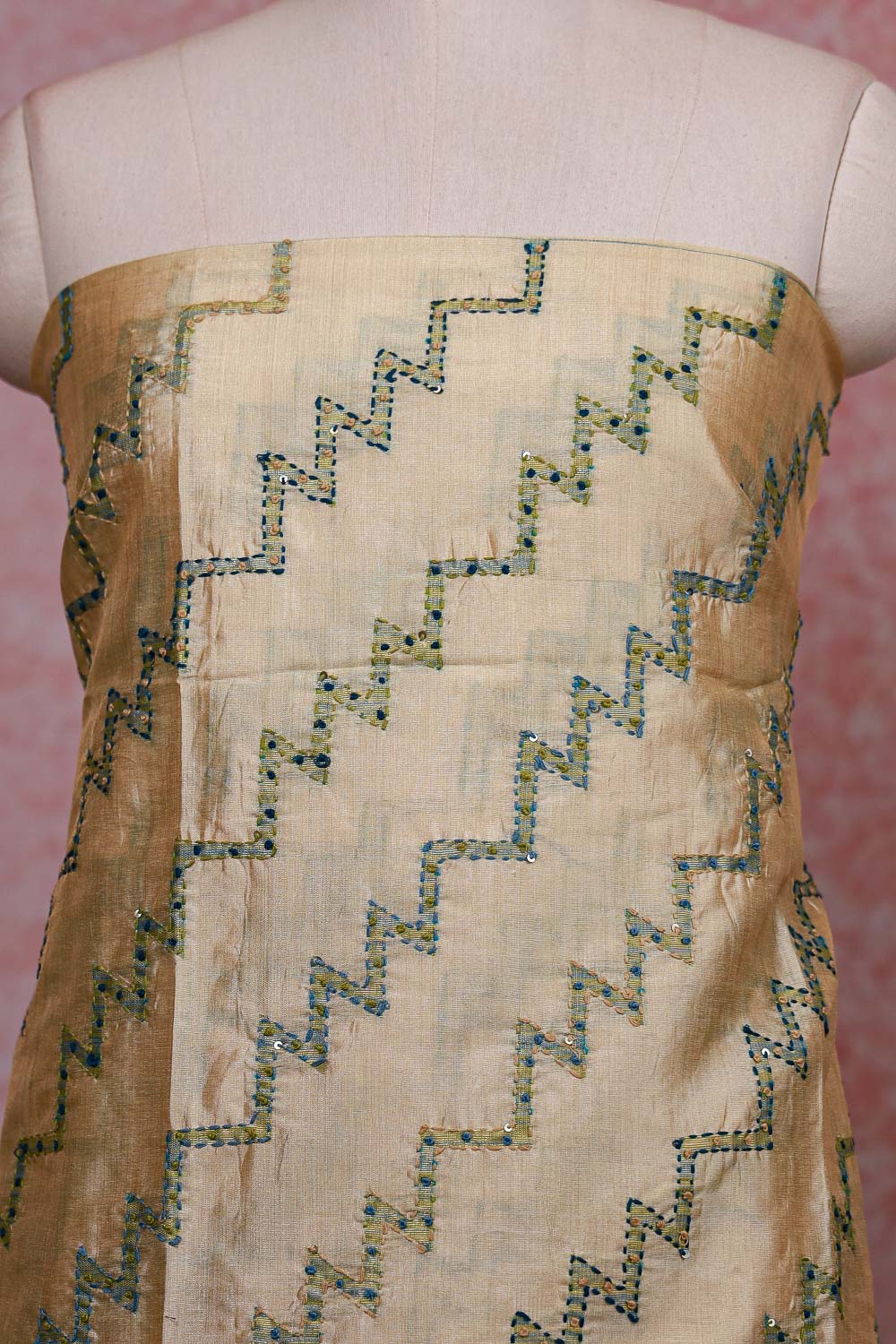 Sandal Color Semi Tussar Kantha Stitched Unstitched Churidhar Material - Seematti