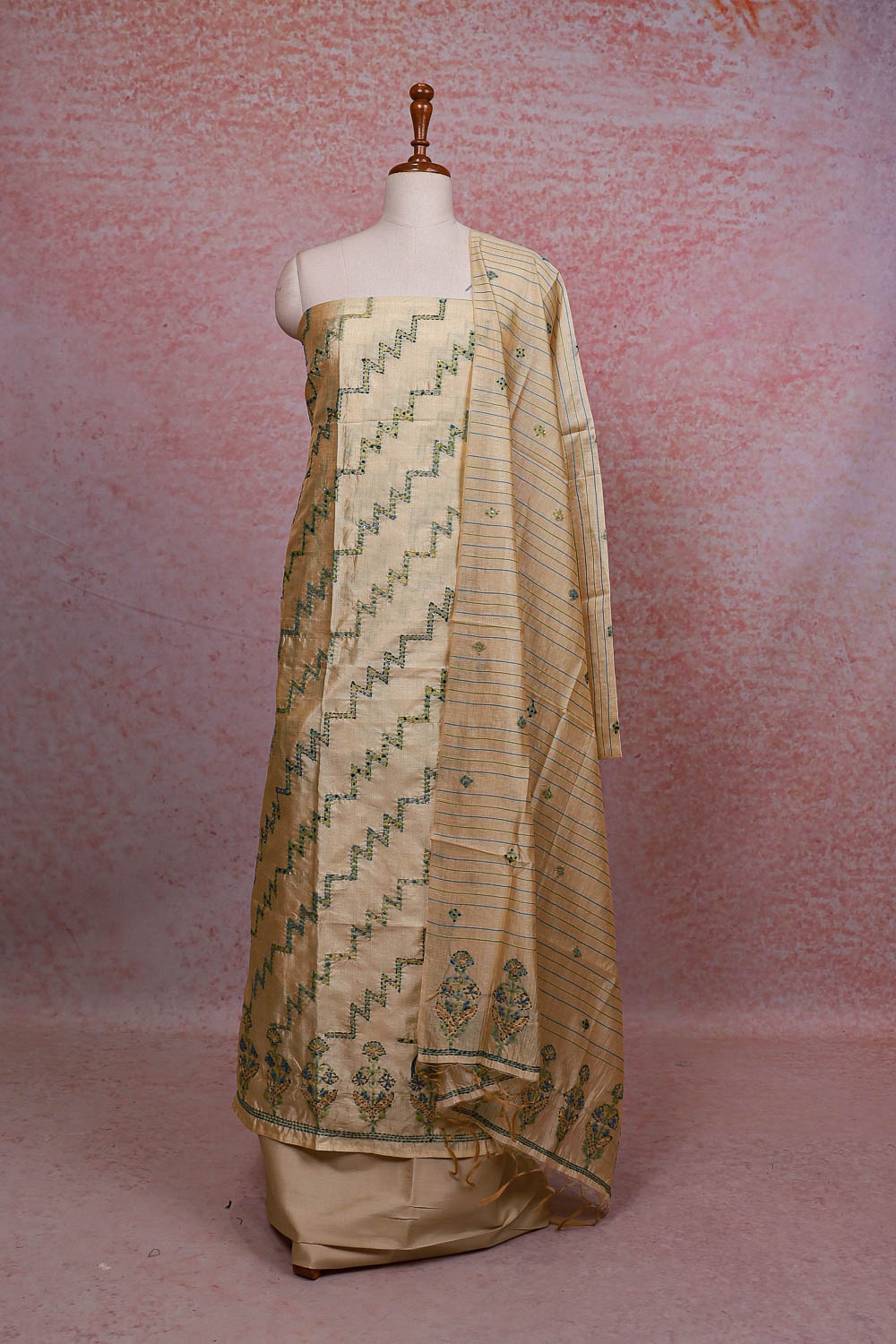 Sandal Color Semi Tussar Kantha Stitched Unstitched Churidhar Material - Seematti