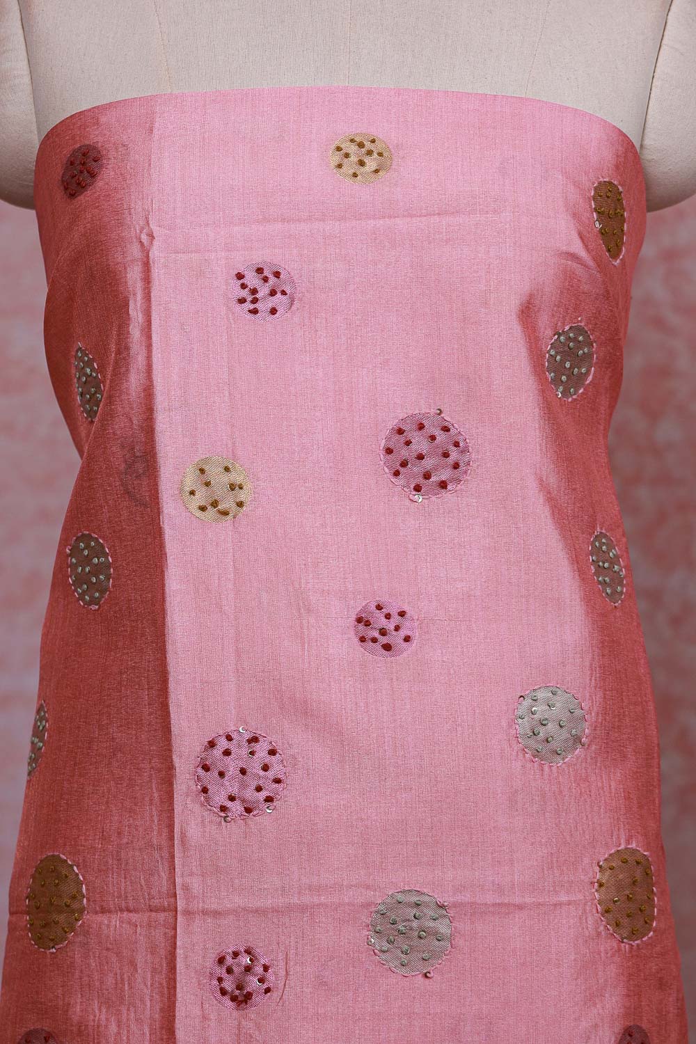 Peach Pink Chanderi Tissue Kantha Stitched Unstitched Churidhar Material
