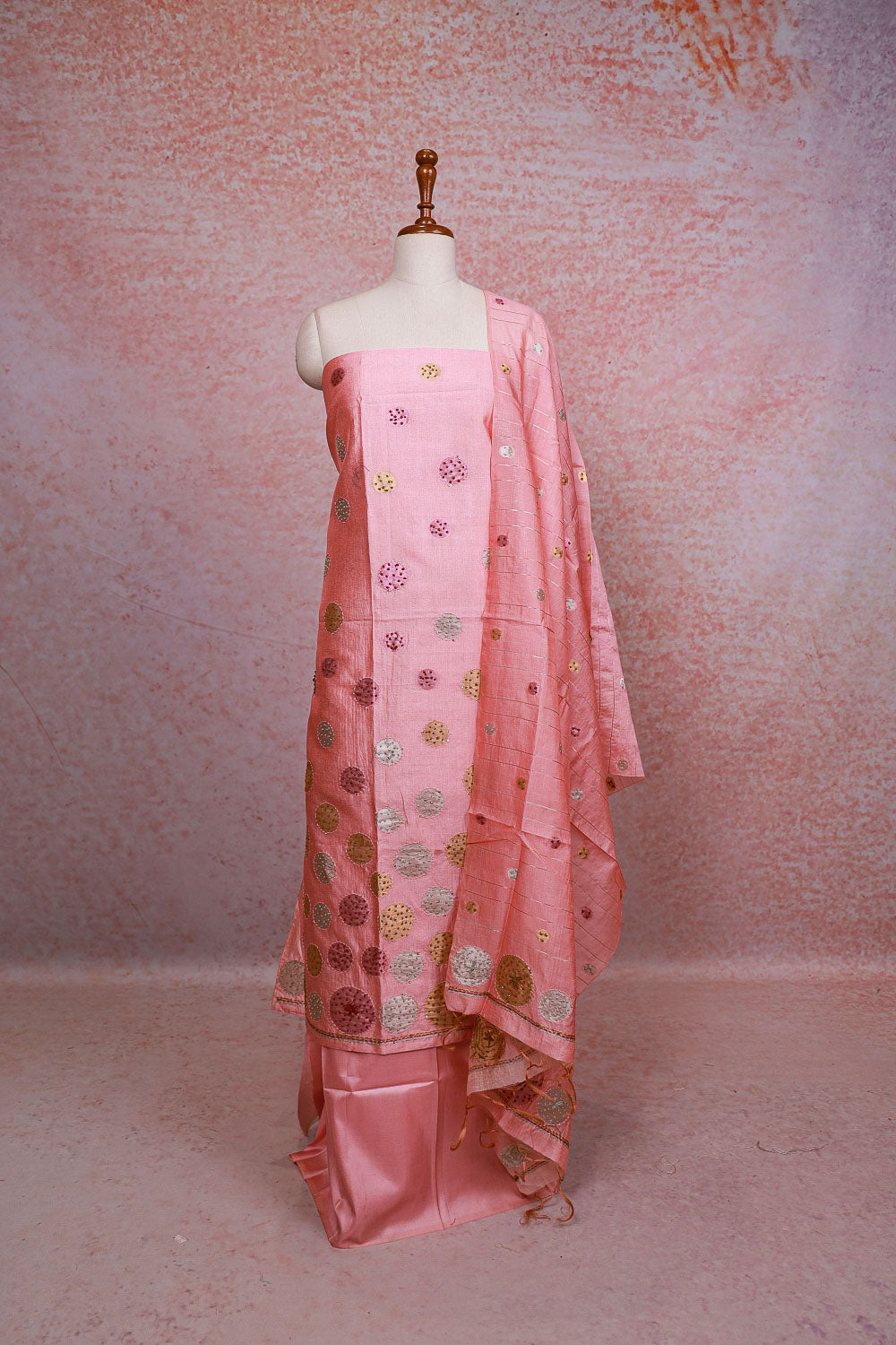 Peach Pink Chanderi Tissue Kantha Stitched Unstitched Churidhar Material