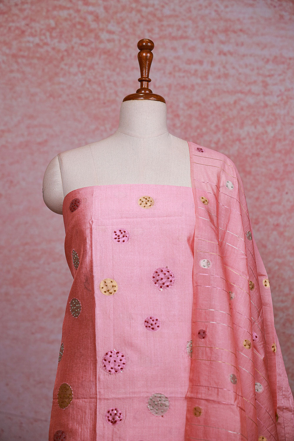 Peach Pink Chanderi Tissue Kantha Stitched Unstitched Churidhar Material