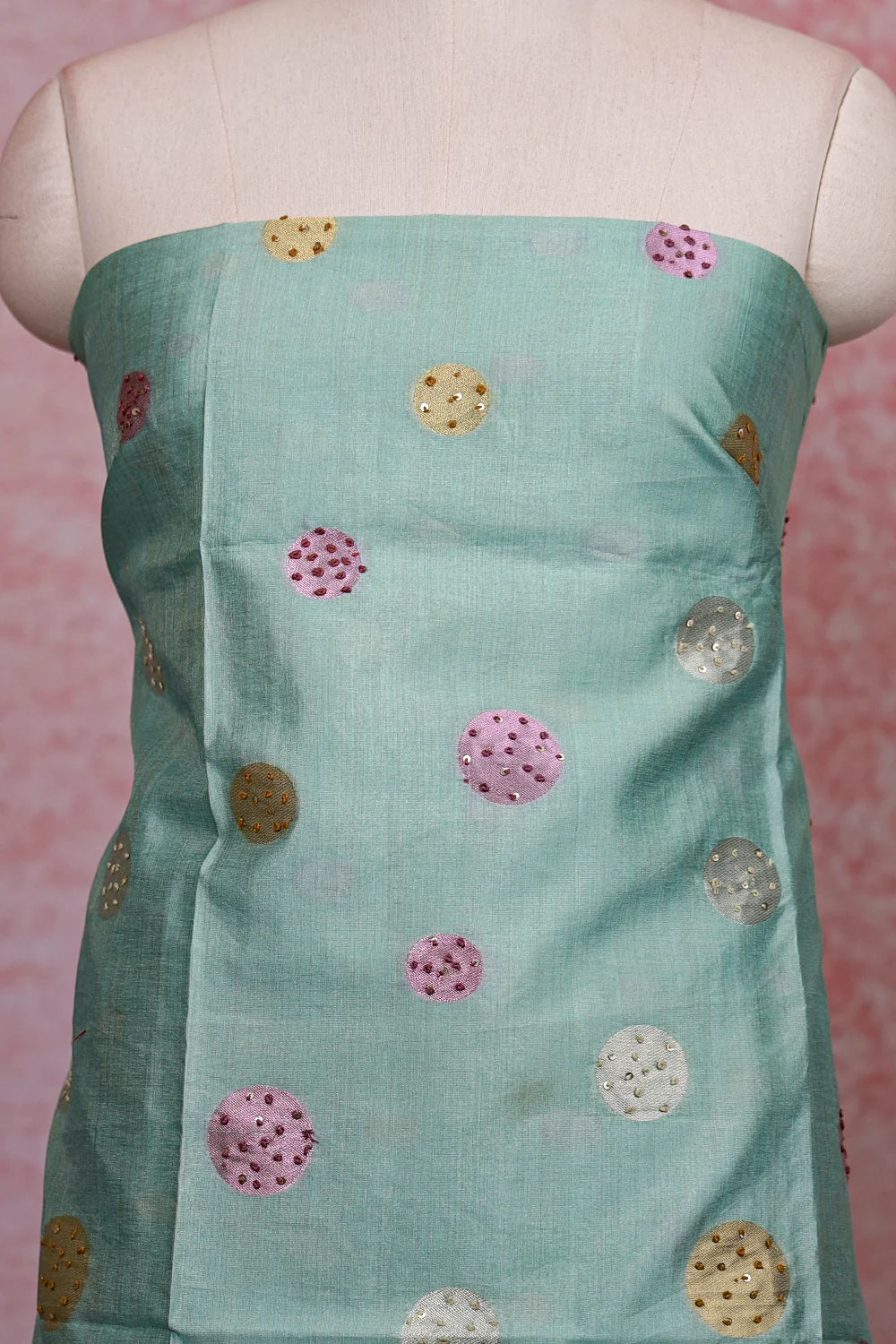 Sea Green Semi Tussar Kantha Work Unstitched Churidhar Material