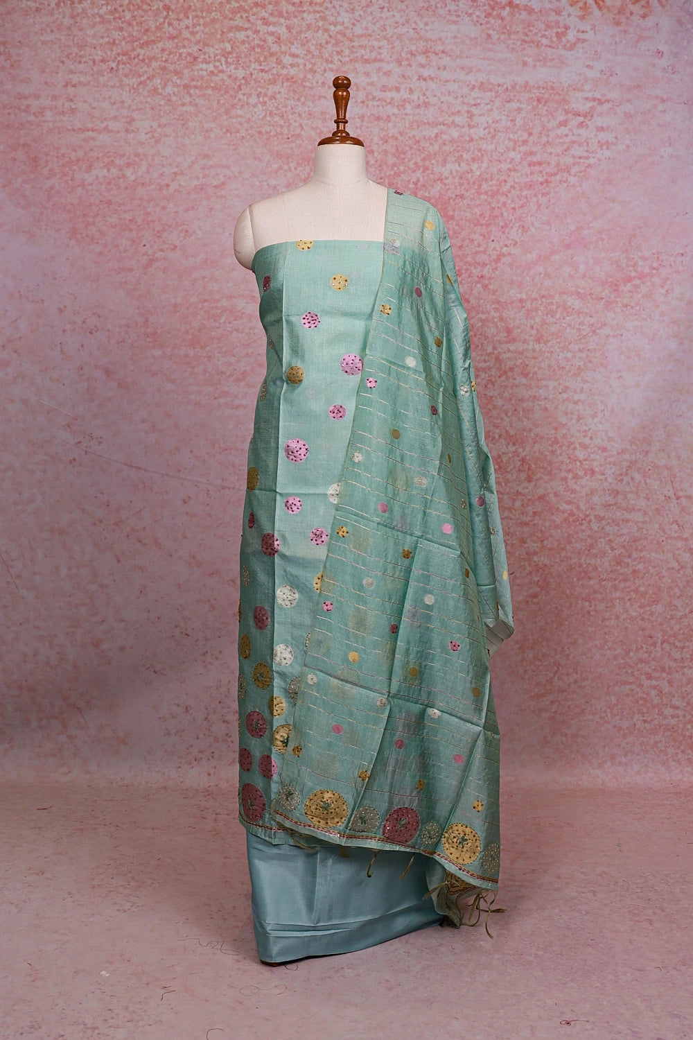 Sea Green Semi Tussar Kantha Work Unstitched Churidhar Material