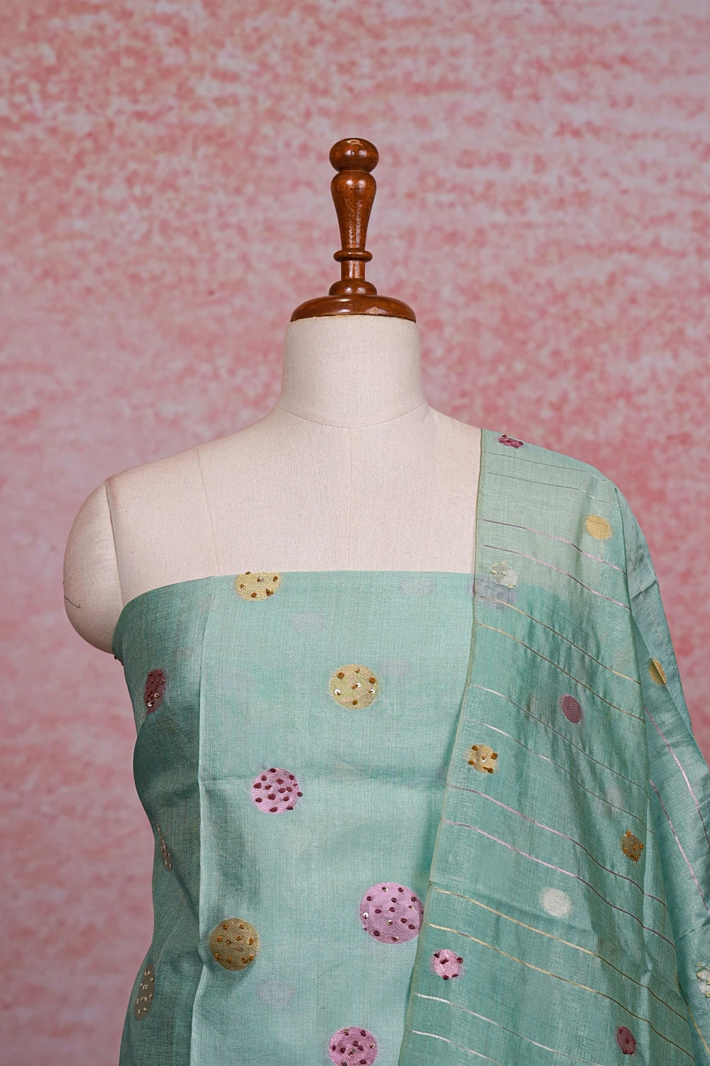Sea Green Semi Tussar Kantha Work Unstitched Churidhar Material