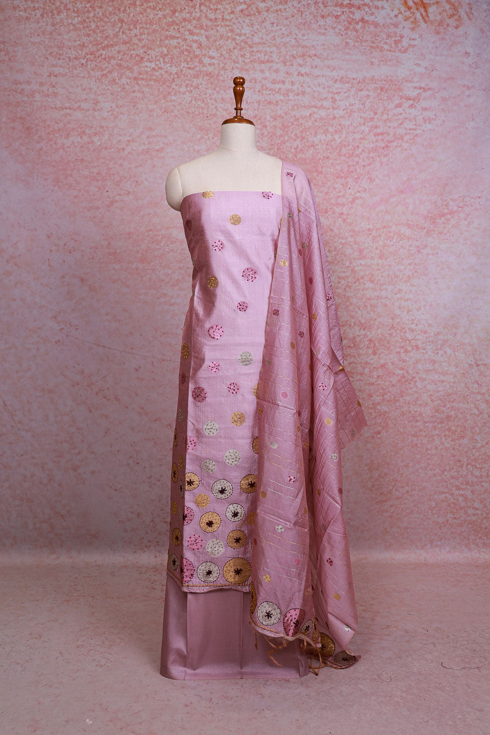 Onion Pink chanderi tissue kantha stitched unstitched churidhar material with dupatta - Seematti