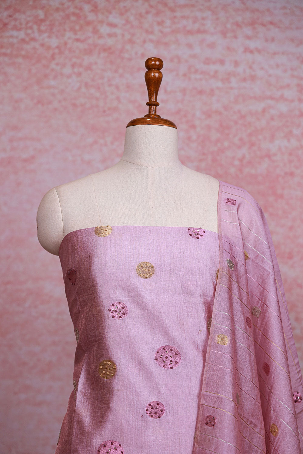 Onion Pink chanderi tissue kantha stitched unstitched churidhar material with dupatta - Seematti