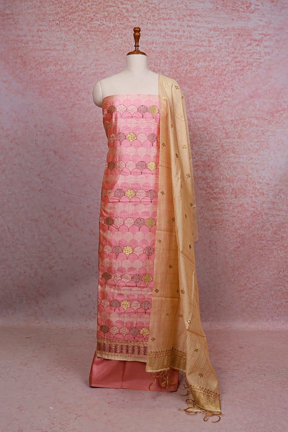 Peach Semi Tussar Kantha Work Unstitched Churidhar Material