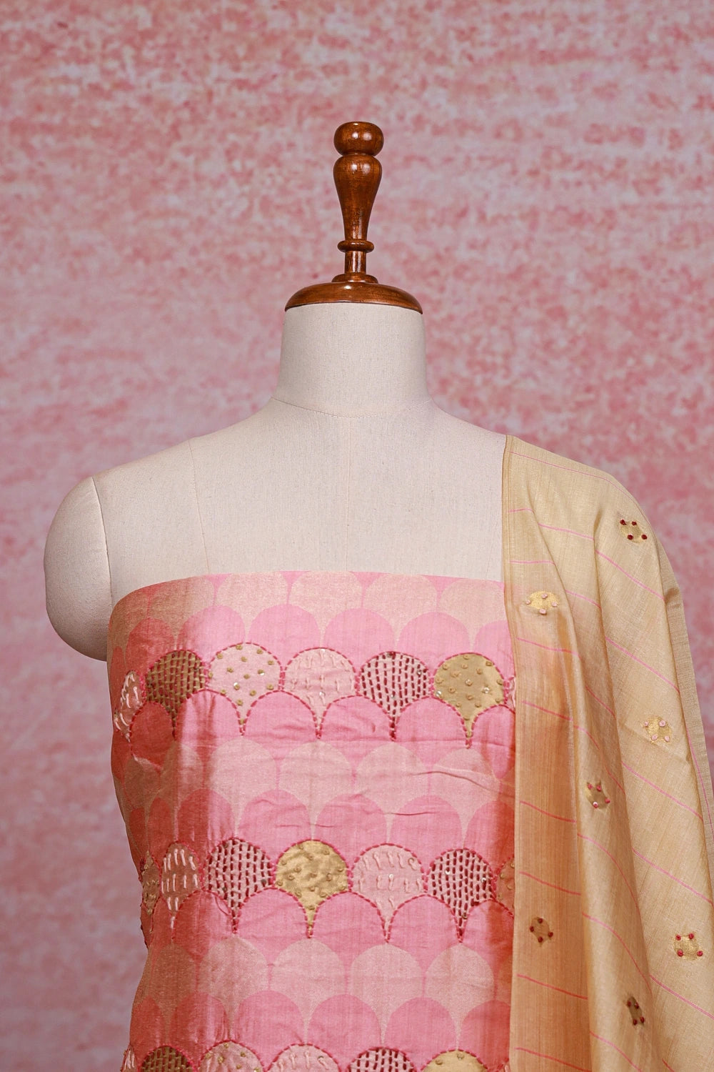 Peach Semi Tussar Kantha Work Unstitched Churidhar Material
