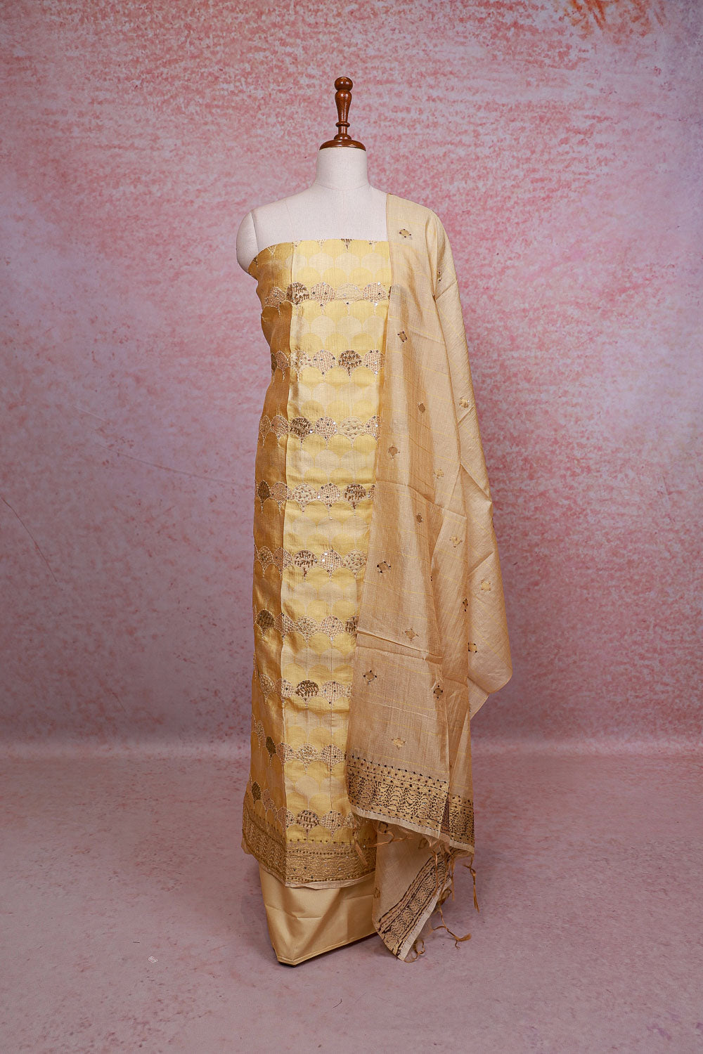 Golden Chanderi Tissue Kantha Stitched Unstitched Churidhar Material