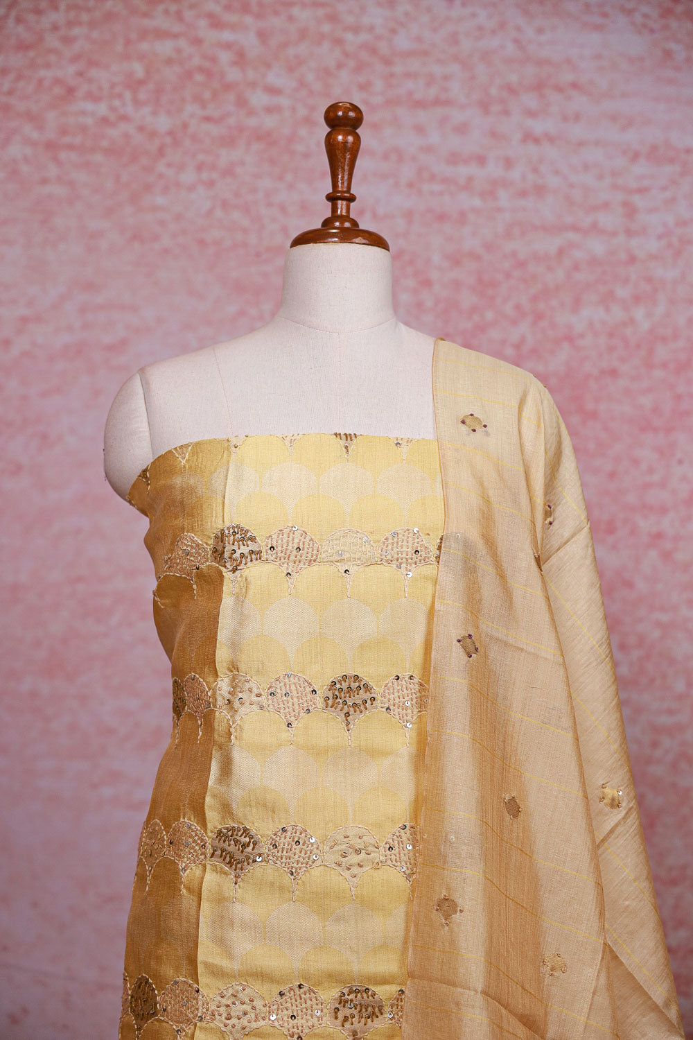 Golden Chanderi Tissue Kantha Stitched Unstitched Churidhar Material