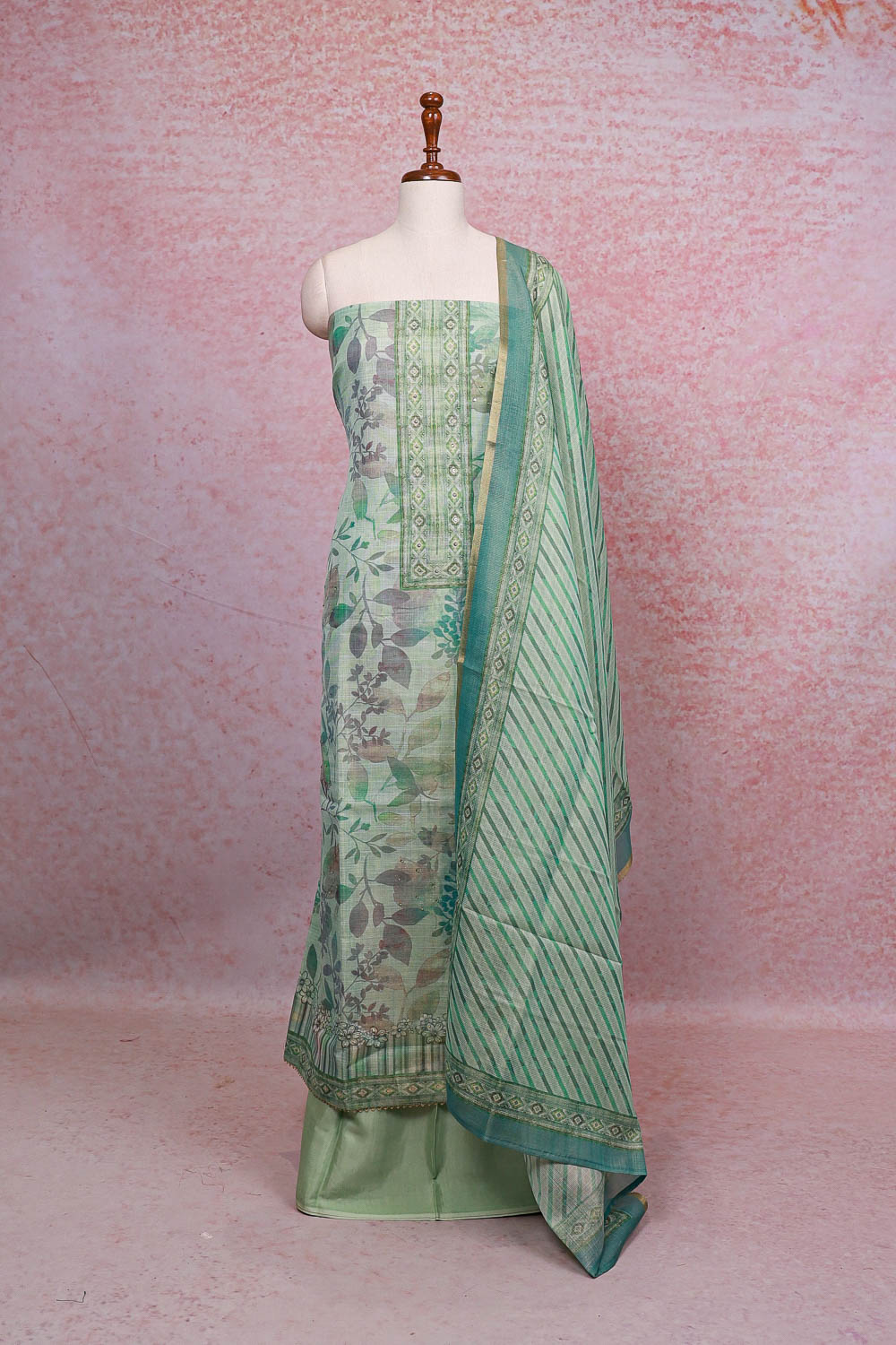 Sea Green Tissue Silk Printed Unstitched Churidhar Material