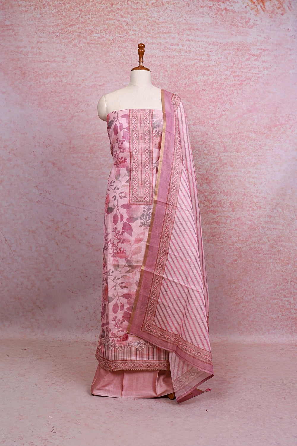 Pink Chanderi Tissue Printed Unstitched Churidhar Material - Seematti