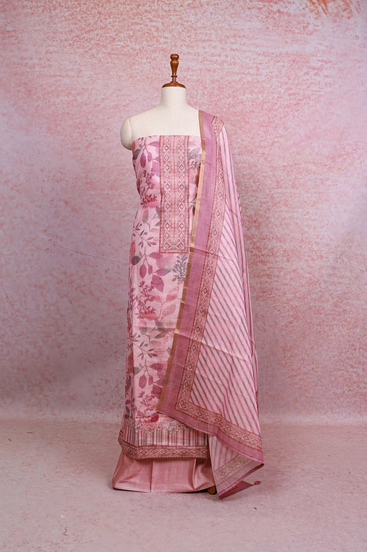 Pink Chanderi Tissue Printed Unstitched Churidhar Material - Seematti
