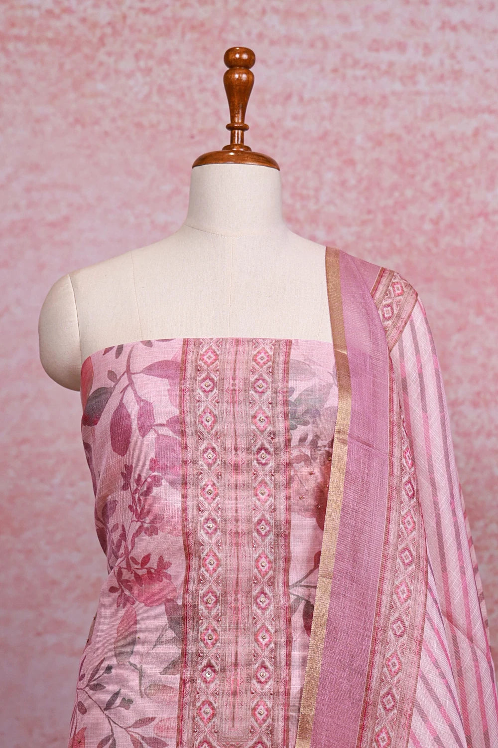 Pink Chanderi Tissue Printed Unstitched Churidhar Material - Seematti