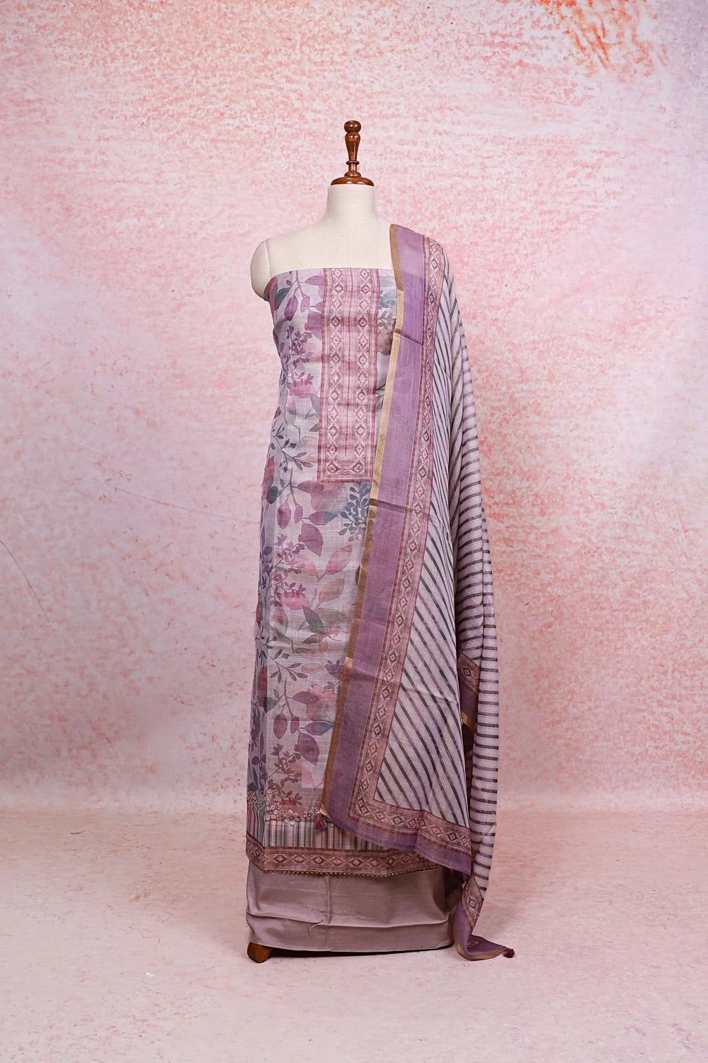 Lavender  Chanderi Tissue Floral Print Unstitched Churidhar Material