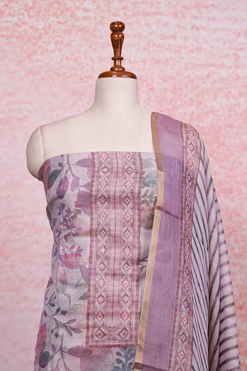 Lavender  Chanderi Tissue Floral Print Unstitched Churidhar Material