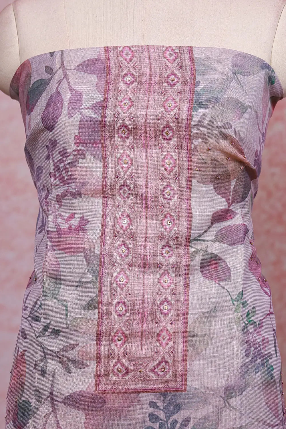 Lavender  Chanderi Tissue Floral Print Unstitched Churidhar Material