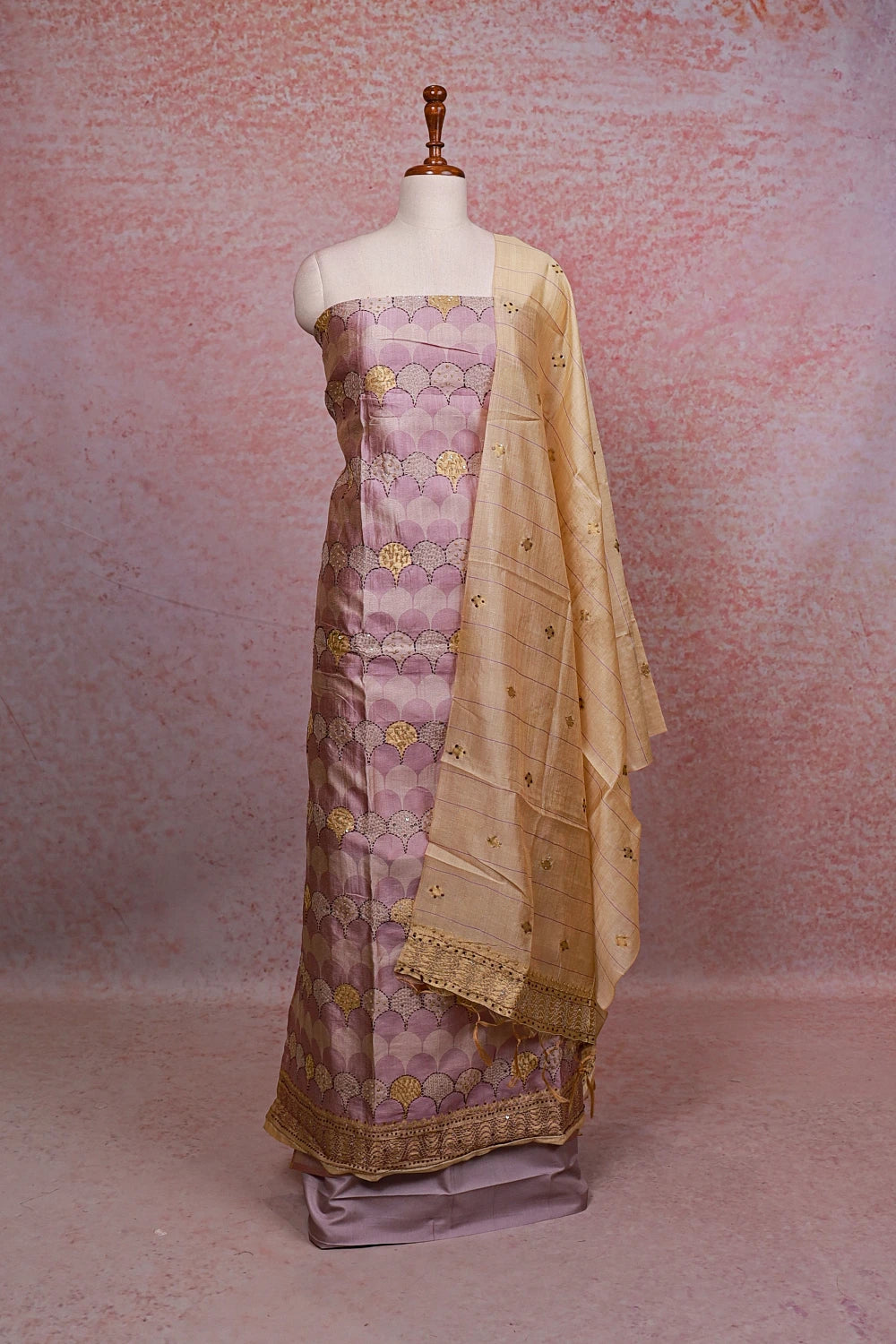Lavender Chanderi  Tissue Kantha Work  Unstitched Churidhar Material