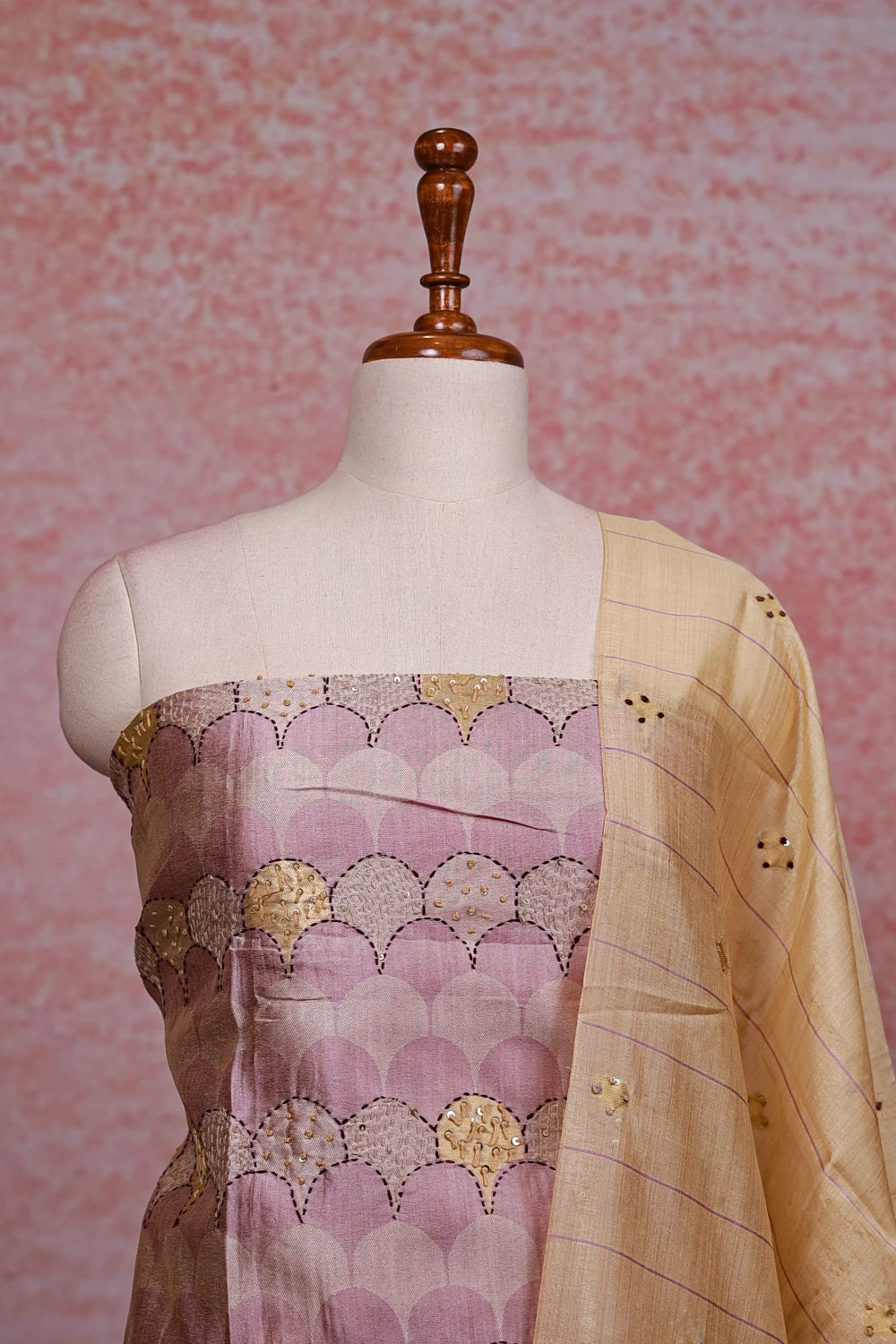 Lavender Chanderi  Tissue Kantha Work  Unstitched Churidhar Material