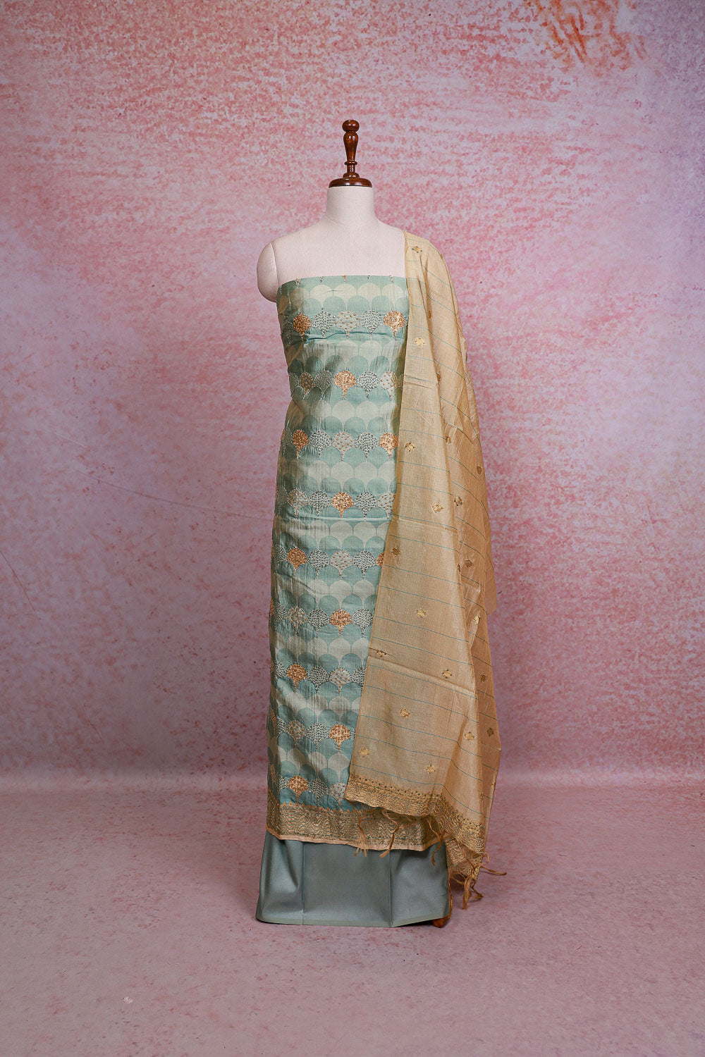 Sea Green Chanderi Tissue Kantha Stitched Unstitched Churidhar Material