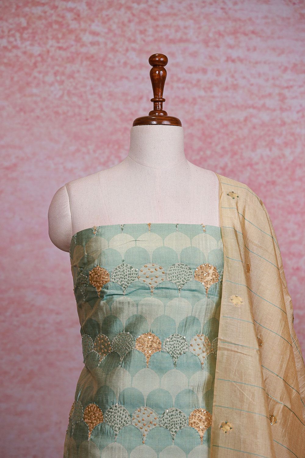 Sea Green Chanderi Tissue Kantha Stitched Unstitched Churidhar Material