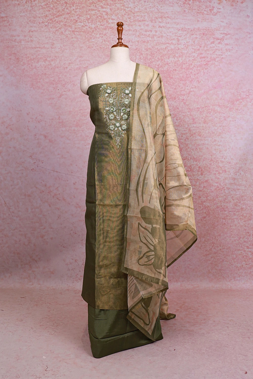 Green Tissue Beads Work Unstitched Churidhar Material