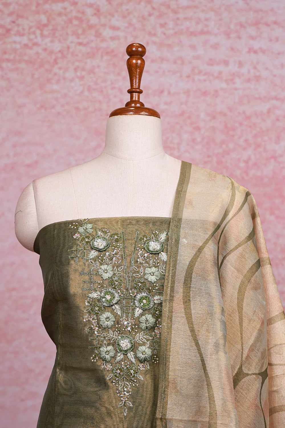 Green Tissue Beads Work Unstitched Churidhar Material