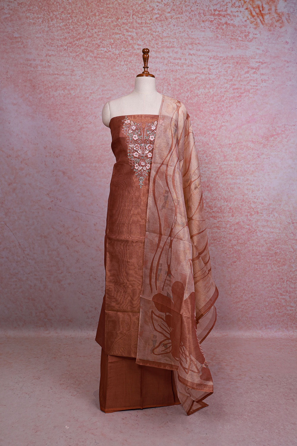 Copper Chanderi Tissue Hand Work Unstitched Churidhar Material