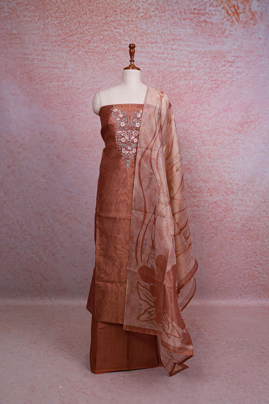 Copper chanderi tissue hand work unstitched churidhar material with dupatta - Seematti