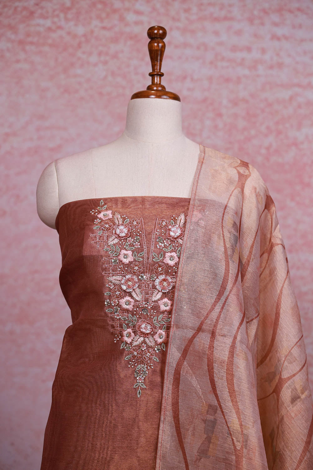 Copper Chanderi Tissue Hand Work Unstitched Churidhar Material