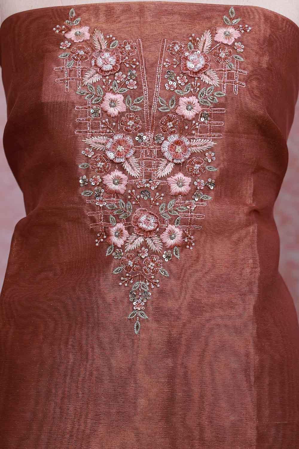 Copper Chanderi Tissue Hand Work Unstitched Churidhar Material