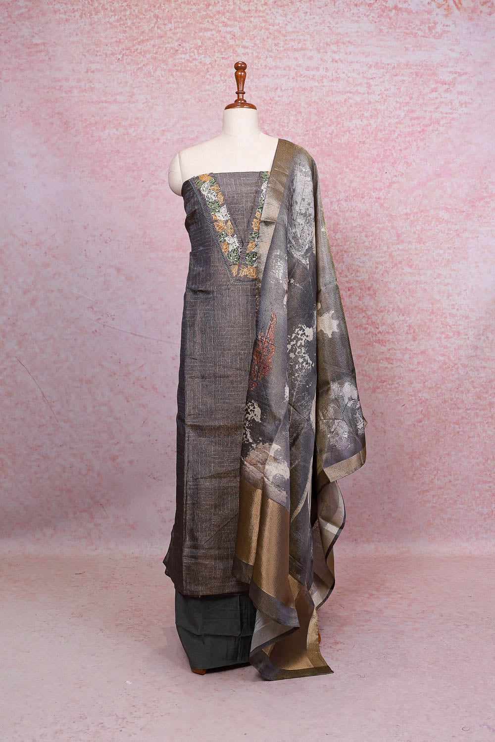 Grey Tissue Beads Work Unstitched Churidhar Material