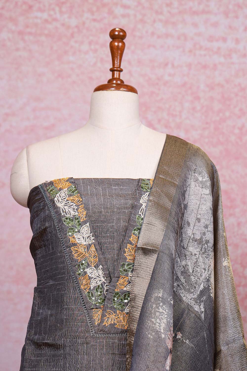 Grey Tissue Beads Work Unstitched Churidhar Material