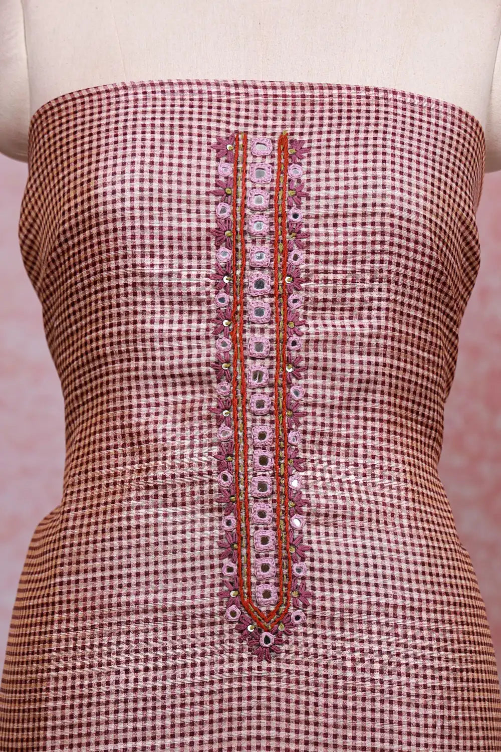 Cream Semi Linen Small Check Unstitched Churidhar Material