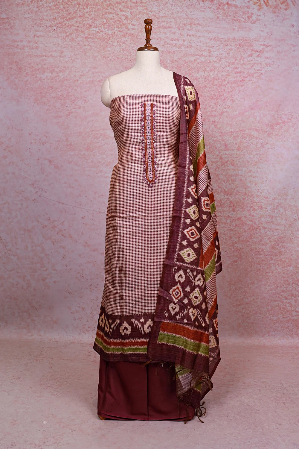 Cream Semi Linen Small Check Unstitched Churidhar Material