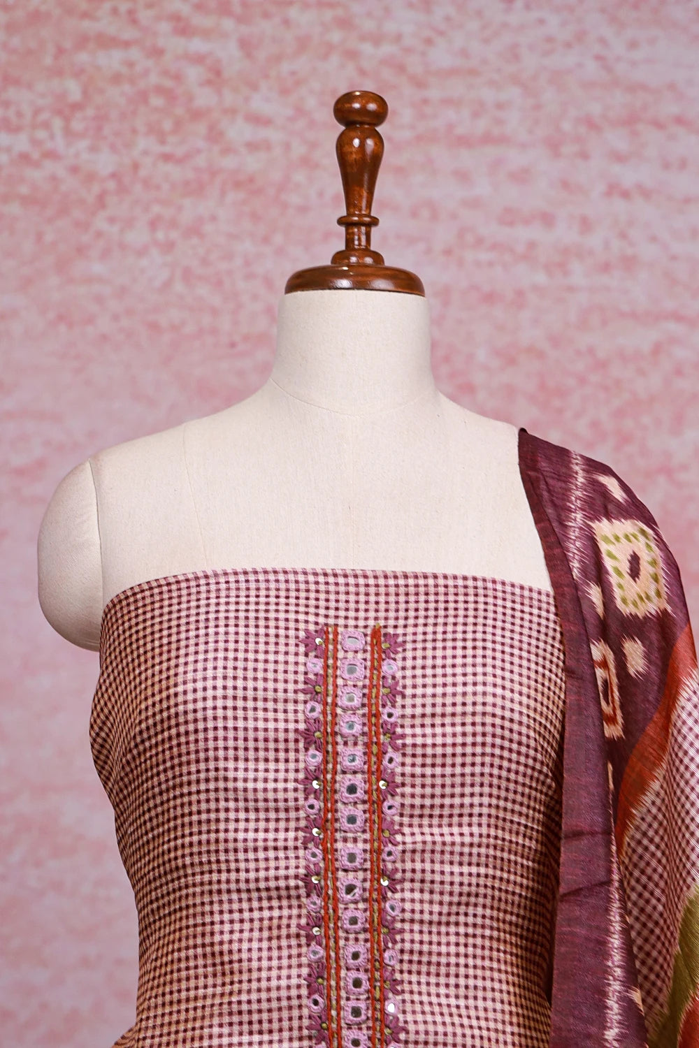 Cream Semi Linen Small Check Unstitched Churidhar Material