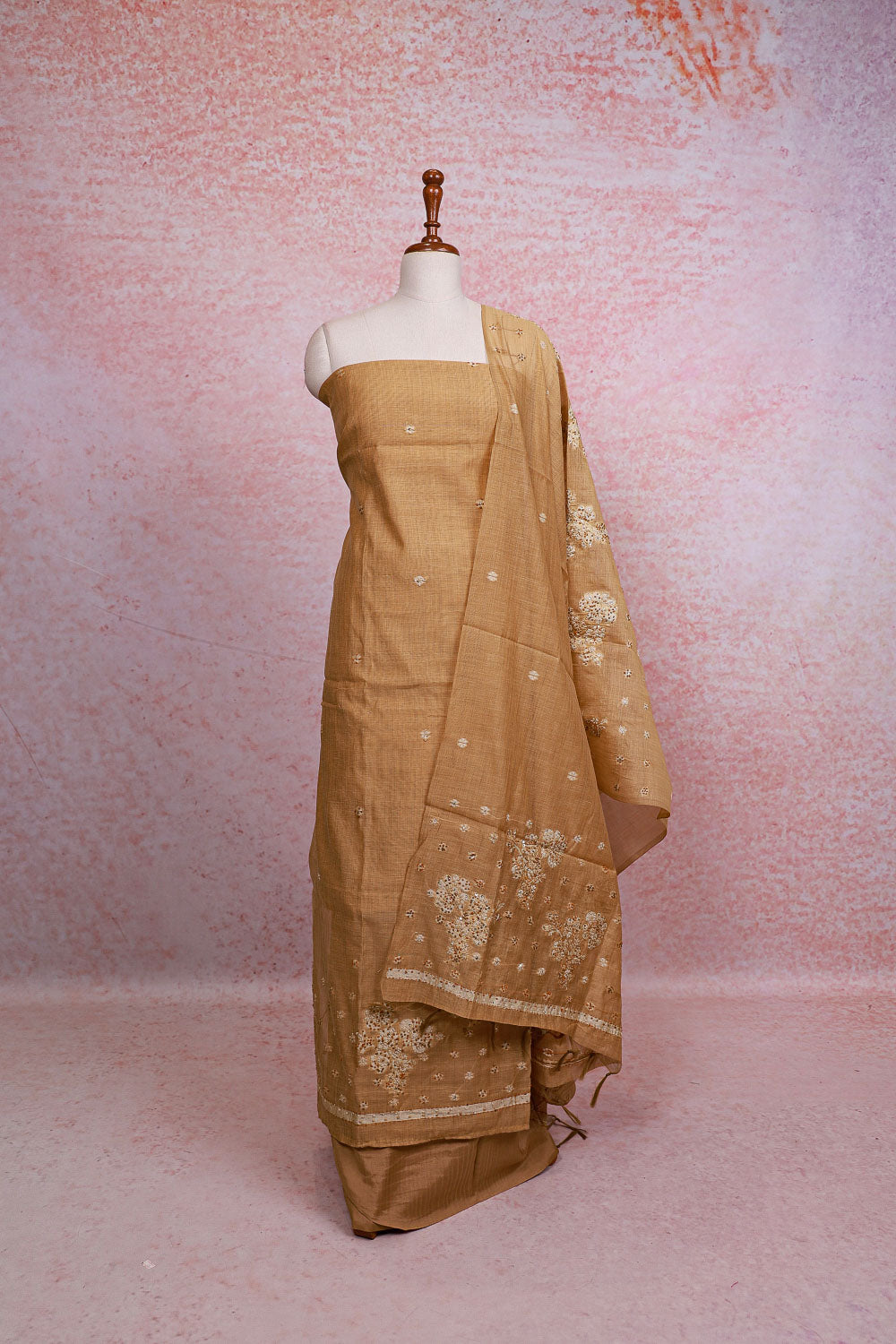 Fawn Color Chanderi Kantha Stitched Unstitched Churidhar Material