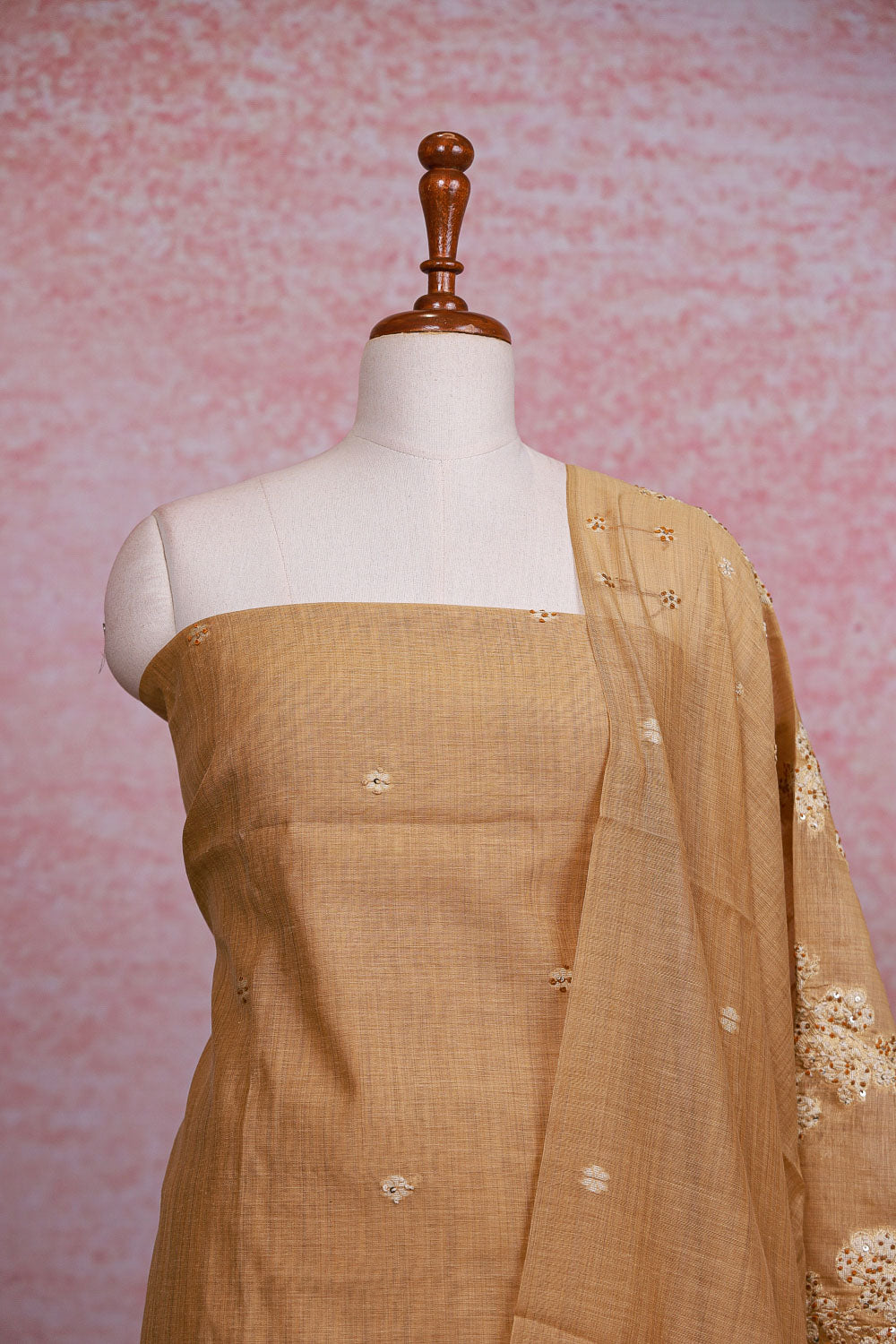 Fawn Color Chanderi Kantha Stitched Unstitched Churidhar Material