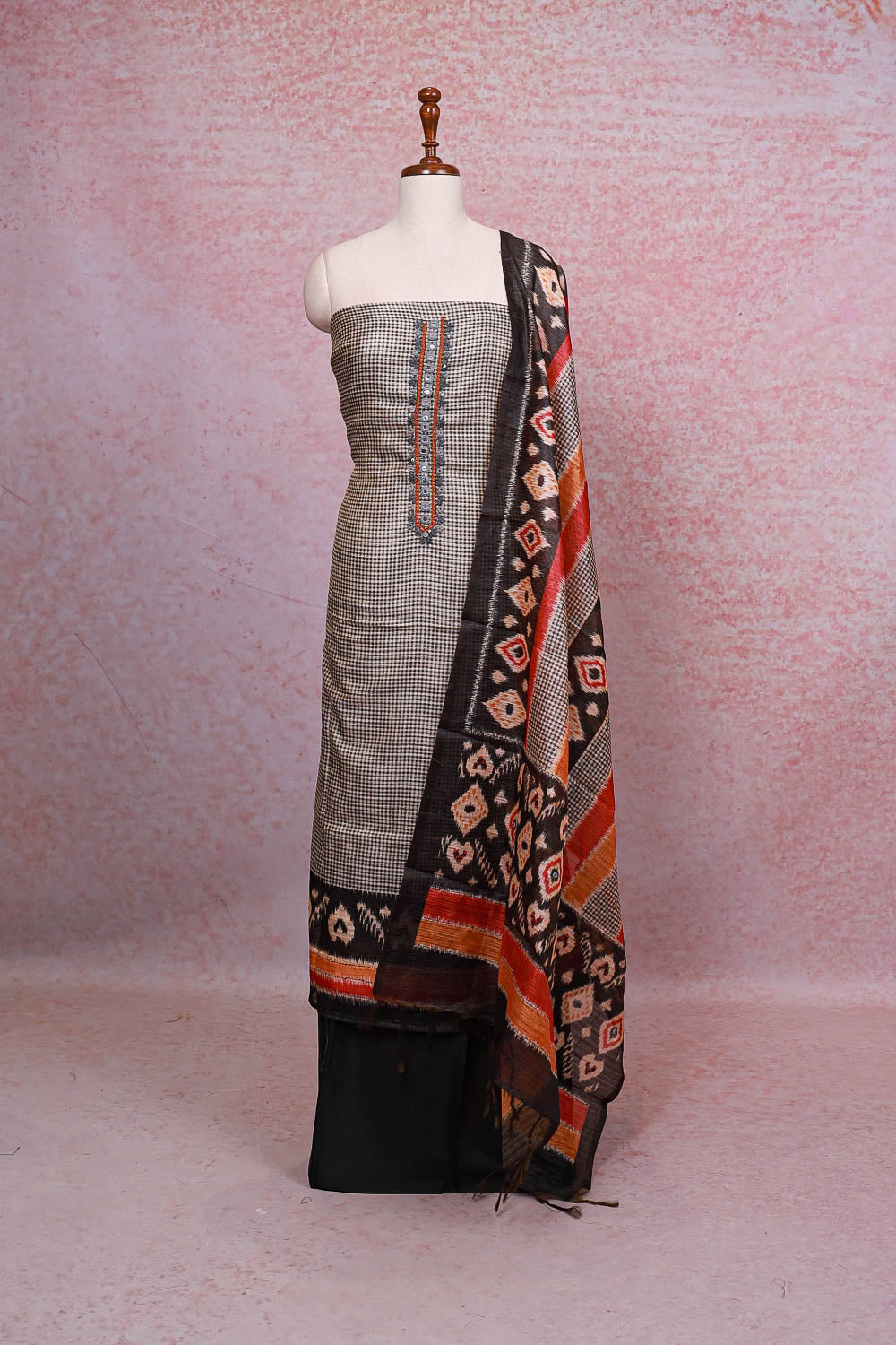 Black Semi Chanderi Checks Unstitched Churidhar Material