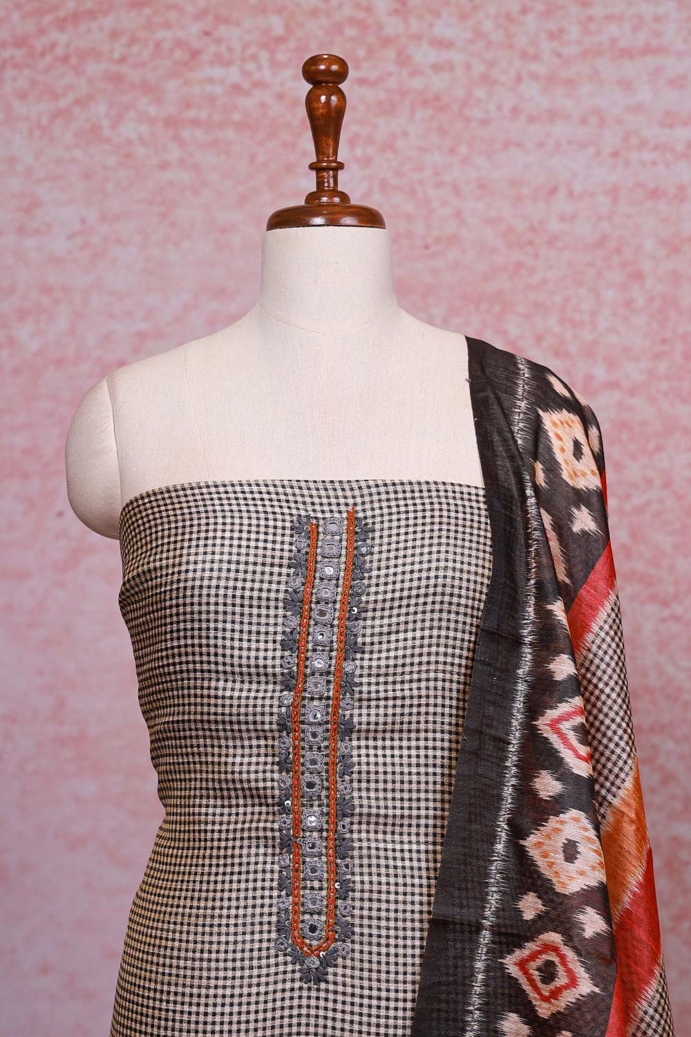 Black Semi Chanderi Checks Unstitched Churidhar Material