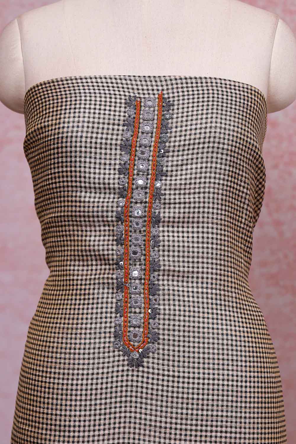 Black Semi Chanderi Checks Unstitched Churidhar Material