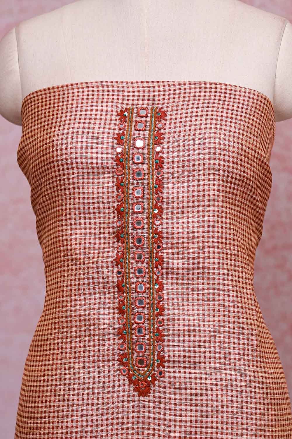 Rust Color Semi Chanderi Checks Unstitched Churidhar Material