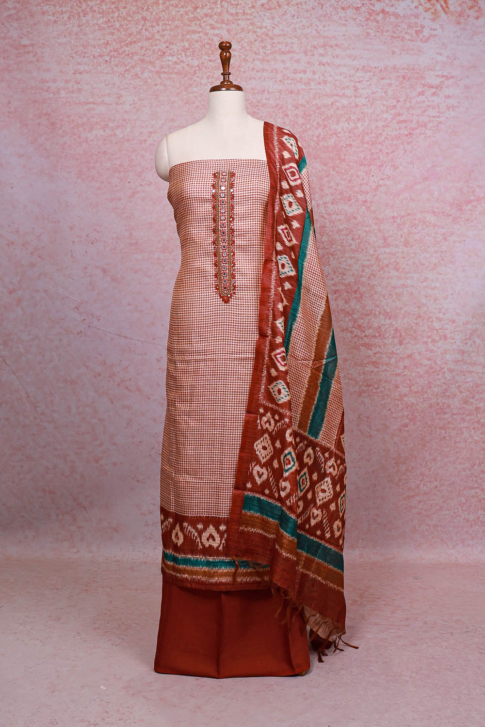 Rust Color Semi Chanderi Checks Unstitched Churidhar Material