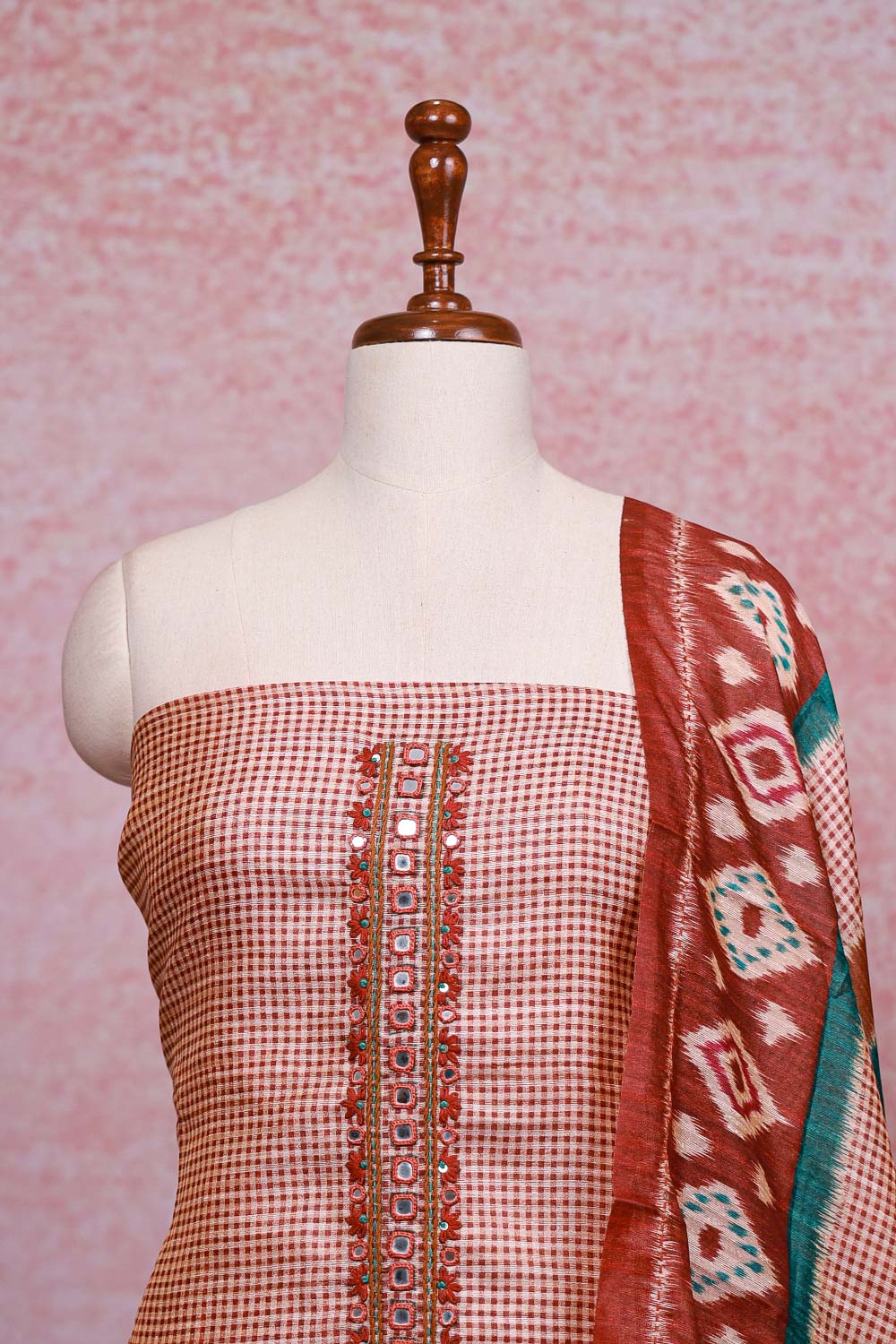 Rust Color Semi Chanderi Checks Unstitched Churidhar Material