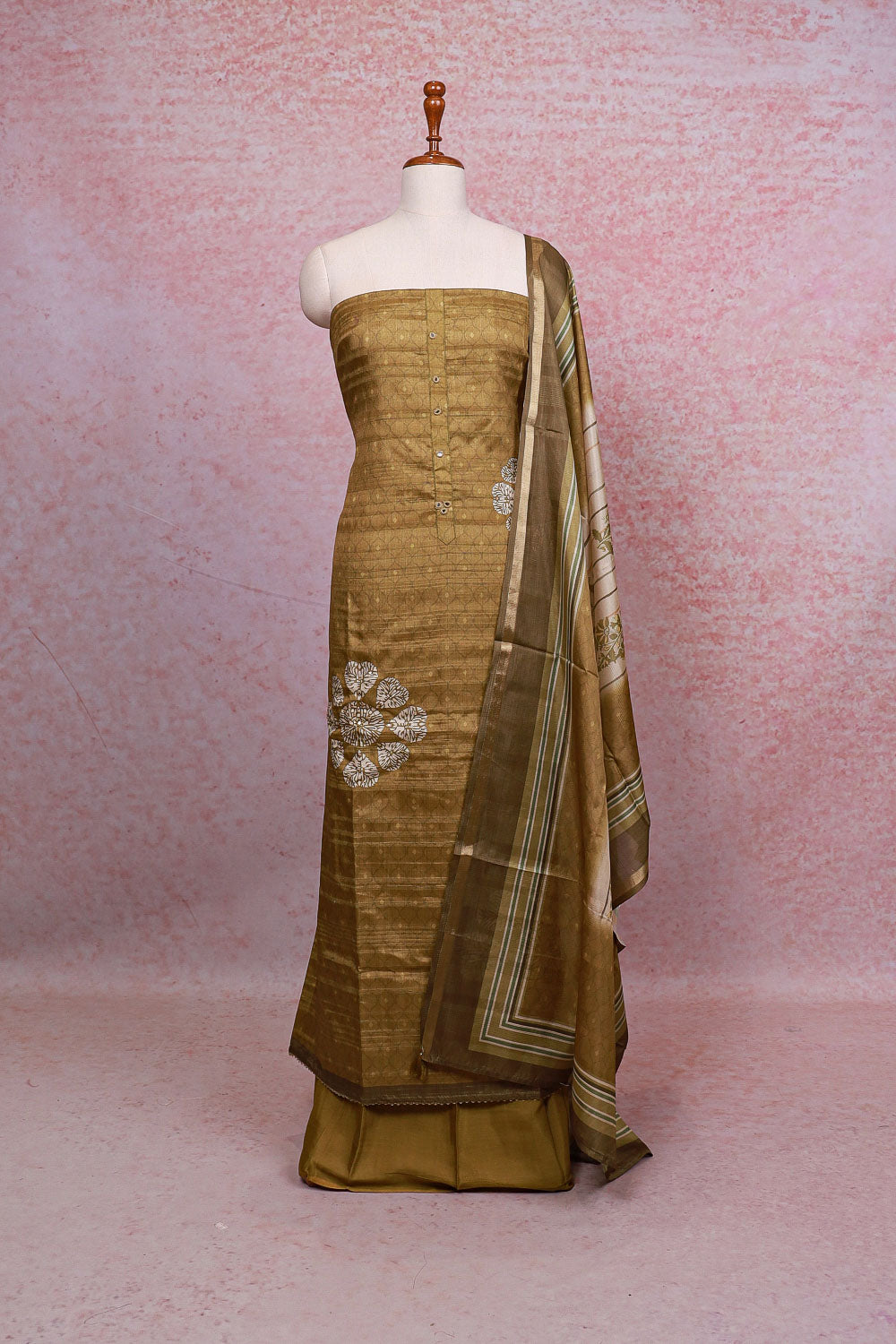 Mehandi Green Semi Tussar Printed Unstitched Churidhar Material