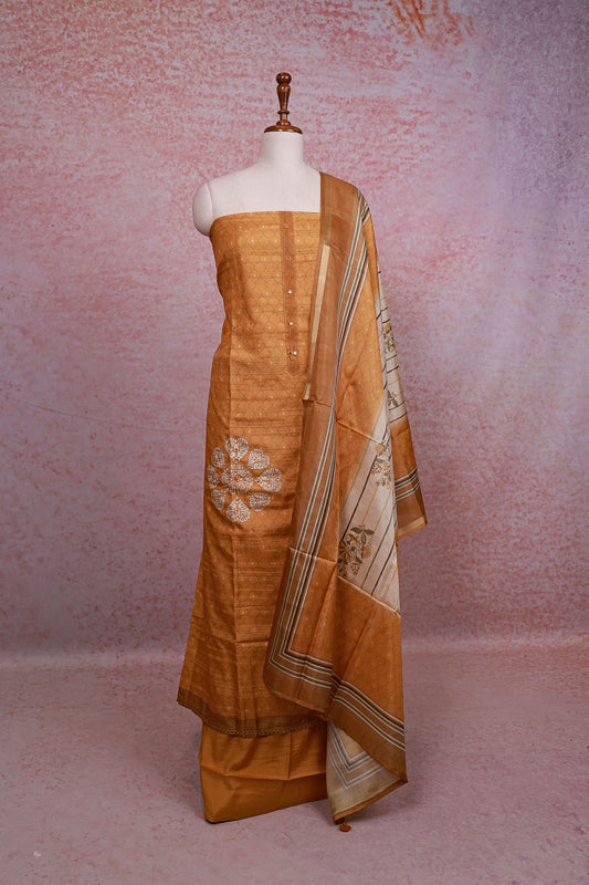 Mustard Yellow Semi Silk Printed Unstitched Churidhar Material - Seematti