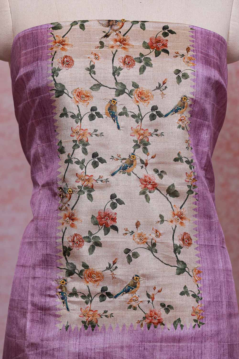 Light lavender Semi Silk Printed Unstitched Churidhar Material